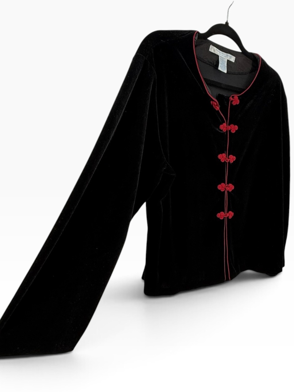 Vintage 90s August Silk Black Velvet Top M Red Oriental Frog Closure - Picture 4 of 8